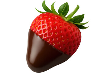Luscious strawberry dripping with dark chocolate, glossy red fruit partially coated against pristine white backdrop