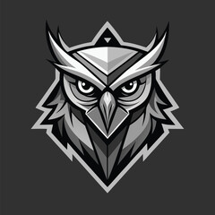 Front view of an owl head in grayscale with sharp geometric style stands
