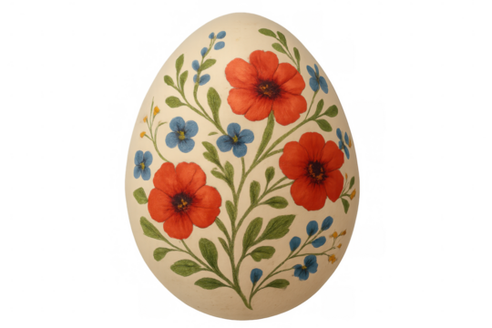 Decorative egg adorned with vibrant red and blue flowers and green leaves, set against a transparent background, showcasing intricate artistry