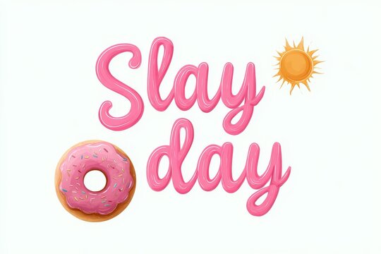 Pink text 'Slay day' with donut and sun graphic. - Powered by Adobe