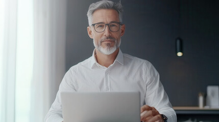 Mature man gray hair beard glasses white shirt sitting desk laptop office confident professional natural light modern workspace business technology work focus executive leadership