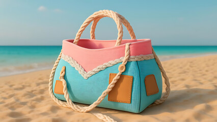 Obraz premium High-quality Pastel Cotton Rope Beach Bag with Sky Blue Accents and Minimal Design
