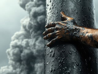 Oil hand industrial worker pollution black wet pipe smoke environment hand covered black oil grips wet industrial pipe with thick smoke billowing background conveying sense of pollution
