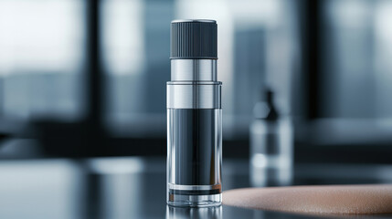 Sleek silver cosmetic bottle close up modern minimalist design black label reflective surface luxury skincare elegant packaging soft focus background