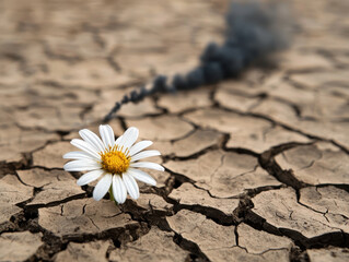 Solitary daisy flower blooms on cracked dry earth, symbolizing hope and resilience in harsh drought conditions, with trail of smoke in background adding dramatic contrast