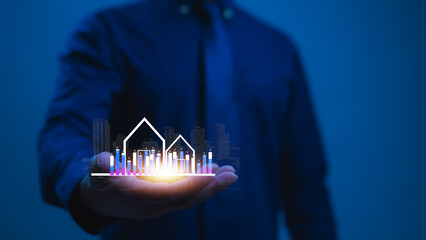 Hand Holding Futuristic City Skyline Data Graph Data Driven Development Growth In A Dark Background City, Depicting Real Estate Progress