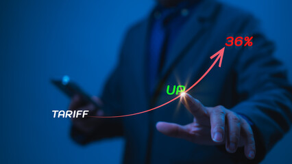 Businessman Holographic Analysis Blue Background Shows Business Growth Trend With Finger Pointing...