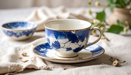 Elegant porcelain teacup and saucer with blue floral design