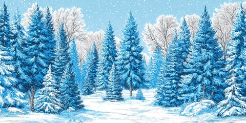 Tranquil Winter Wonderland: Serene Snowy Landscape in a Magical Azure and Evergreen Forest Retreat.