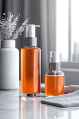 Two orange cosmetic serum bottles with silver pumps stand on white marble countertop, next to soft towel and white vase, with natural daylight streaming through window