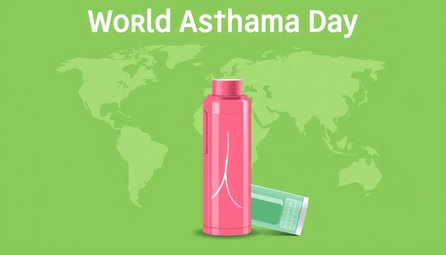 Inhaler on world map, green background.  Asthma awareness - Powered by Adobe