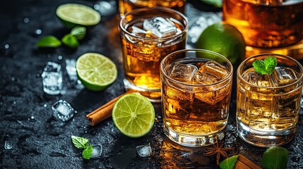 Assortment of strong alcoholic drinks in shot glasses with lime, cinnamon, and ice cubes on dark rustic table
