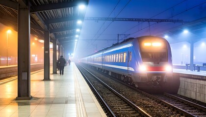 Illuminated blue train arriving at a foggy station platform at night.