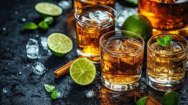 Assortment of strong alcoholic drinks in shot glasses with lime, cinnamon, and ice cubes on dark rustic table