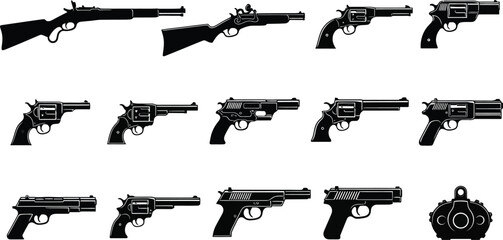 Collection of black and white weapon illustrations including rifles and handguns in rows