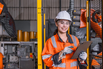 Smart engineer Asian women robot technician worker happy smiling in modern factory industry