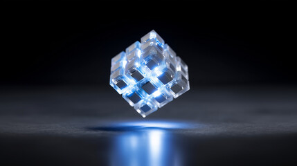 Floating digital cube with blue light representing quantum computing and blockchain technology