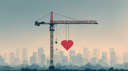 A crane constructs a heart over a bustling city, representing love and building relationships.