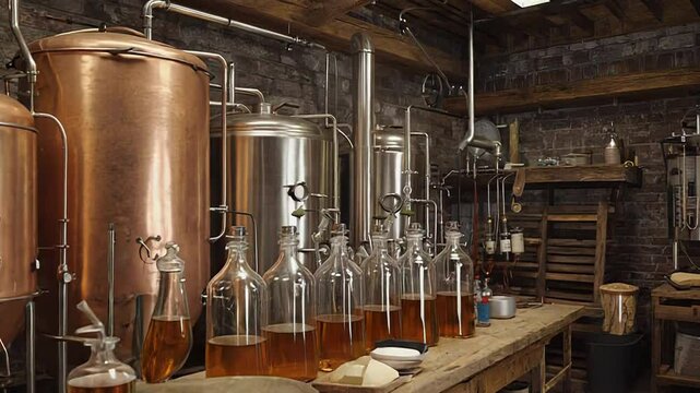 Traditional distillery producing whiskey in copper stills