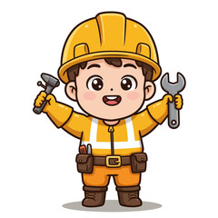 A cheerful cartoon construction worker stands ready with his tools, wearing a hard hat and a tool belt, ready to tackle any building project with a smile.