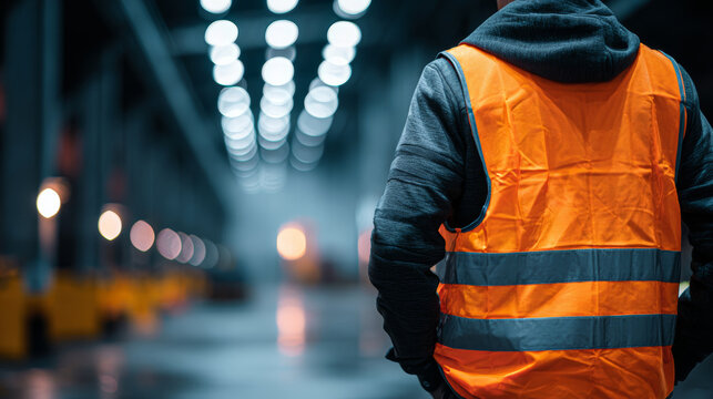 A worker wearing a high-visibility vest stands inside a large warehouse, ready for work.