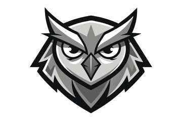 A majestic gray owl head with piercing eyes intensely stares forward on white