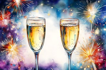 Cartão de final de ano, estilo festividades. Duas tachas de espumante brindando desenhadas no canto da tela. Fundo com luzes desfocadas e fogos de artificio. Desenho estilo aquarela.
