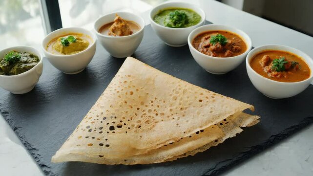 Delicious Indian dosa served with assorted chutneys and curry at a trendy urban cafe