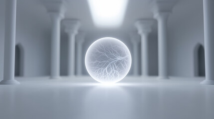 Luminous AI sphere floating in minimalist technology center hallway