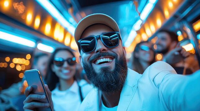 Smiling man with beard, sunglasses, and cap takes selfie on party bus with friends, vibrant blue and orange neon lights create energetic, joyful atmosphere, night celebration