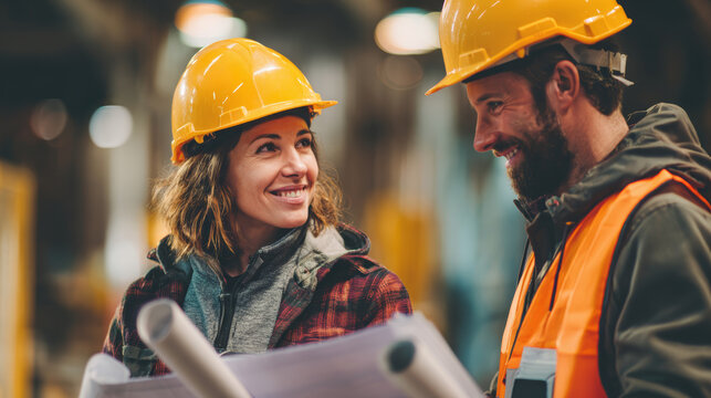 A smiling male and female construction workers discuss a blueprint at a construction site.