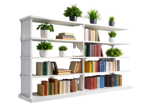 Modern Floating Bookshelf with Colorful Books and Decorative Plants, Side View, Isolated on Transparent Background