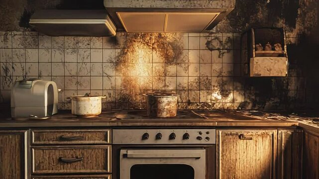 Fire burning in an abandoned, damaged kitchen with soot and smoke damage