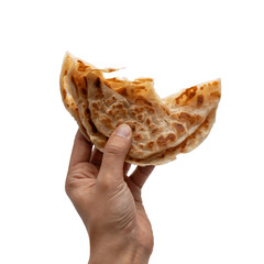 Hand Holding a Torn Piece of Fried Roti or Paratha &ndash; Transparent Background PNG