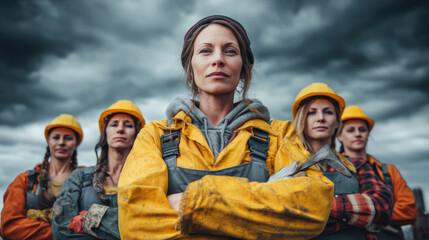 Strong and united female construction workers stand ready for the day's work.