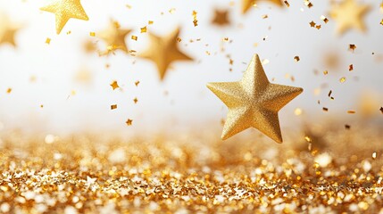 Beautiful gold stars falling on white background representing luxury, celebration, and festive holiday season concept