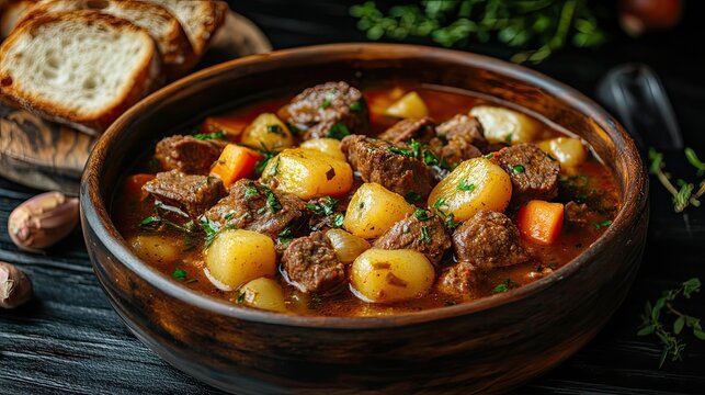 Beef stew served with rustic bread on dark wooden table, perfect for comfort food, winter meals, or recipe layouts