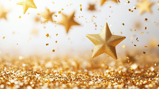 Beautiful gold stars falling on white background representing luxury, celebration, and festive holiday season concept