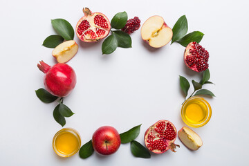 Rosh hashanah concept. Frame made of symbols jewish New Year holiday Traditional. Top view with...