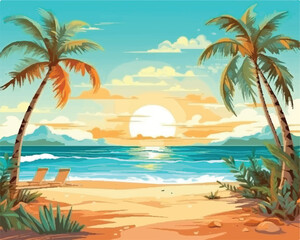 Vibrant Summer Beach Background with Deep Blue Ocean View - Minimalist Premium Beach Scene with Clean Sand and Clear Horizon - Premium Flat Design Summer Beach with Coconut Trees and Seagulls