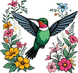 Aesthetic Colorful Floral Hummingbird Graphic