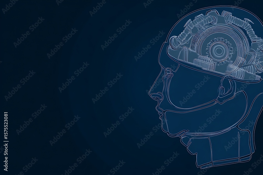 Poster a side view of a human head with intricate mechanical components inside.