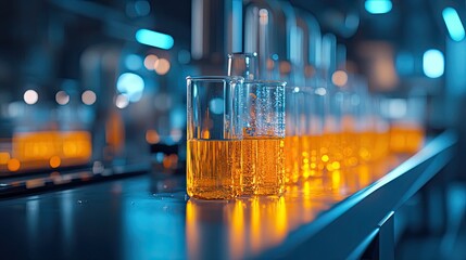 Blue laboratory with orange chemical solution in glassware, futuristic science environment and innovation lab