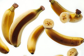 
Bananas flutuando no ar isoladas em fundo branco. Comida, alimentos, frutas. Potássio.

