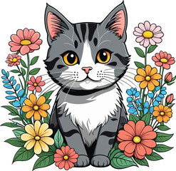 Aesthetic Colorful Floral Cat Graphic