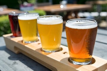 Beer flight tasting at brewery outdoor patio on wooden tray close up shot view