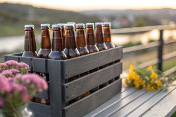 Bottles of beer in a crate for outdoor party celebration and social gathering