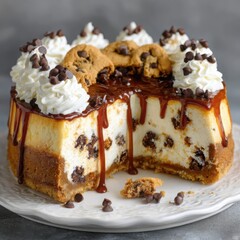 Decadent Cheesecake Delight with Caramel Drizzle and Chocolate Chip Cookie Crumbles