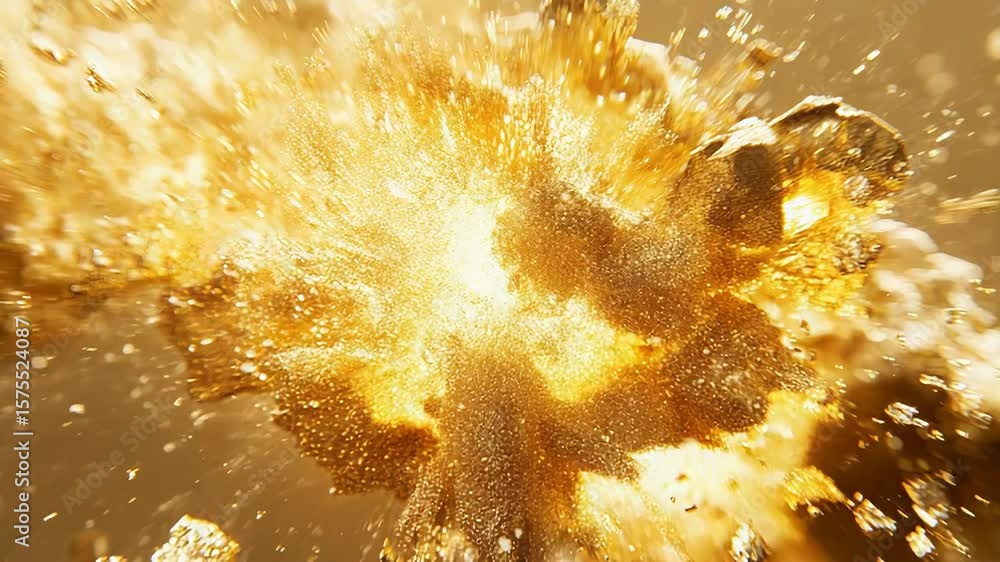 Poster golden particles exploding creating shiny bright light