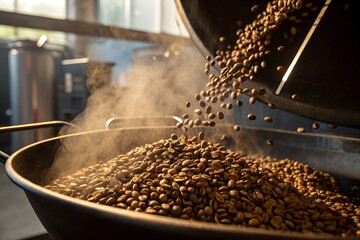 Freshly roasted coffee beans being poured into a large metal container indoors